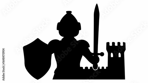 Silhouette of a knight holding a sword and shield standing next to a castle on a white background
