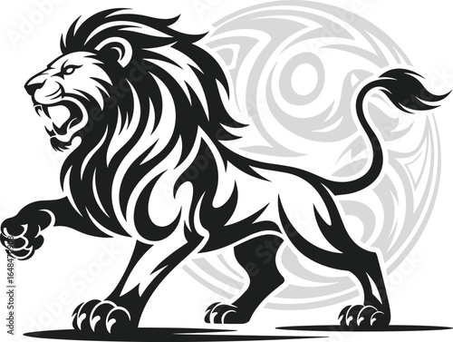 Fierce tribal lion tattoo vector design, black and white roaring lion silhouette, wild animal art illustration, powerful jungle beas