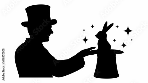 Silhouette of a magician with a top hat pulling a rabbit out of a hat surrounded by stars and magic
