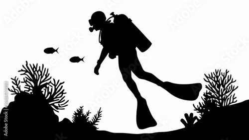 Silhouette of a scuba diver swimming underwater with fish and coral reef in black and white style image