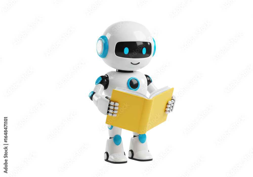 Naklejka premium Isolated Robot Reading a Book - Educational Technology Concept