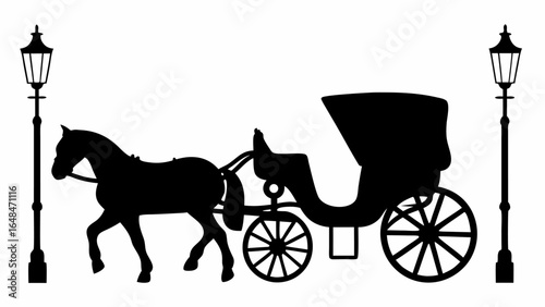 Silhouette of a horse drawn carriage with two lampposts on either side in a black and white image