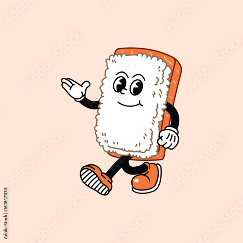 Cheerful Nigiri Sushi in Retro Vintage Mascot Character with gloved hand and foot, rubber hose cartoon style. Suitable for website, logo, infographics. Walk cheerfully.