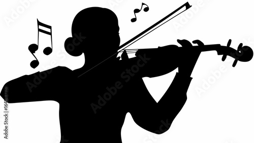Silhouette of a violinist playing the violin with musical notes floating around her in black and white style