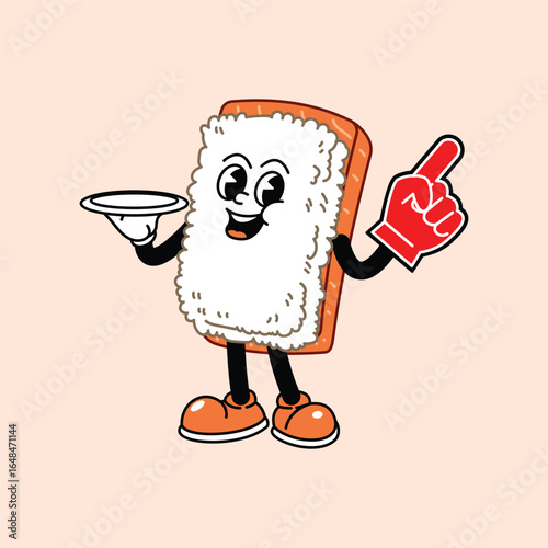 Cheerful Nigiri Sushi in Retro Vintage Mascot Character with gloved hand and foot, rubber hose cartoon style. Suitable for website, logo, infographics. Serving menu and bringing gloves number 1.