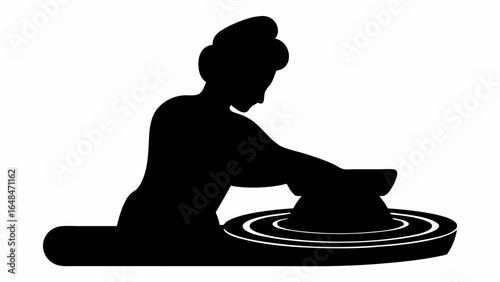 Silhouette of a person shaping clay on a pottery wheel with concentric circles design in black and white