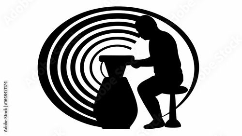 Silhouette of a person shaping clay on a pottery wheel with concentric circles background design element
