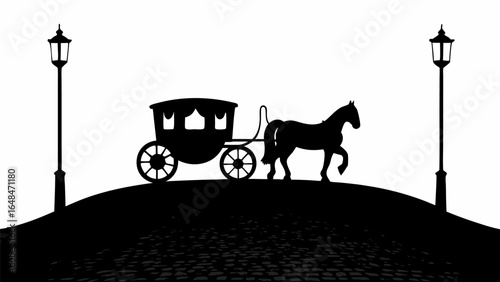 Silhouette of a horse drawn carriage on a hill with two lampposts on a white background scene view