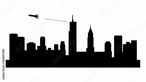 Silhouette of a city skyline with various buildings and an airplane flying above the buildings at daytime