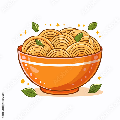 Cartoon Illustration of Noodle Bowl with Egg and Vegetables