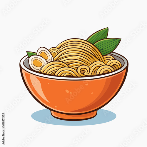 Cartoon Illustration of Noodle Bowl with Egg and Vegetables