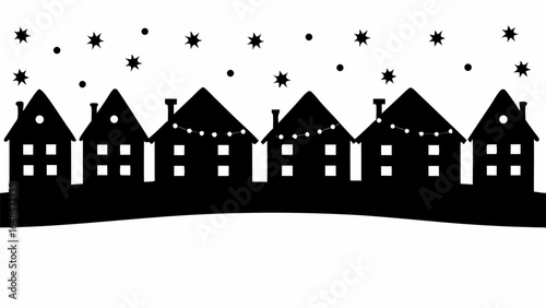 Silhouette of houses with christmas lights and stars in the sky creating a festive winter scene design