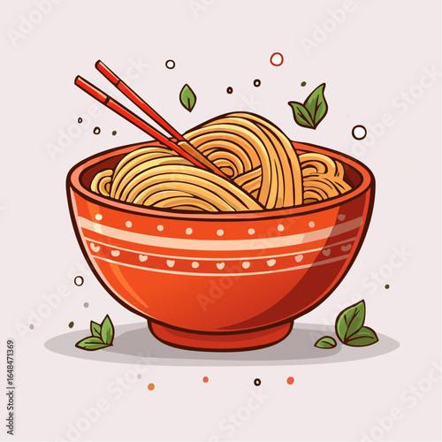 Cartoon Illustration of Noodle Bowl with Egg and Vegetables