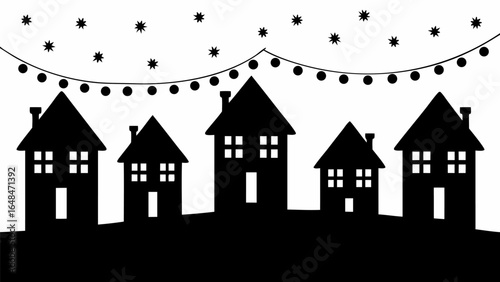 Silhouette of houses under a string of lights and stars creating a festive and wintery atmosphere scene