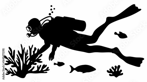 Silhouette of a scuba diver exploring coral reefs with fish in a monochrome underwater scene view vector