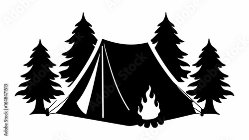 Camping scene with a tent surrounded by pine trees and a campfire in black and white silhouette style art