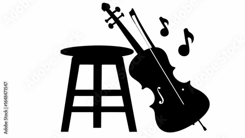 Silhouette of a stool with a cello leaning against it and musical notes floating in the background