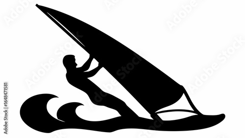 Silhouette of a windsurfer riding a wave on a windsurfing board in black and white simple illustration