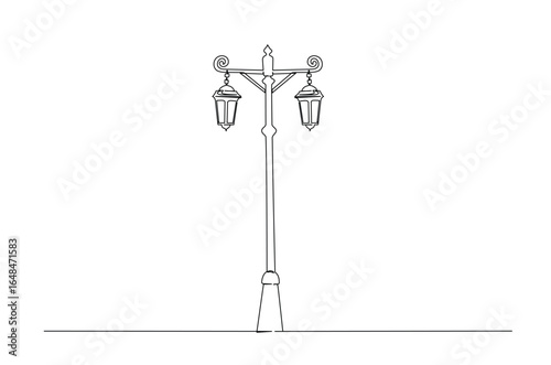 Vintage street lamp in continuous one line drawing. Single line art illustration of classic street lamp lighting.