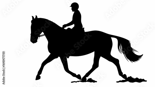 Silhouette of equestrian rider on horse performing dressage in black against a white background scene image