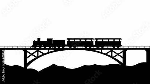 Silhouette of a steam train with passenger cars crossing a bridge over a landscape in black and white