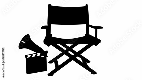 Silhouette of a director's chair with a megaphone and clapperboard representing film production scene