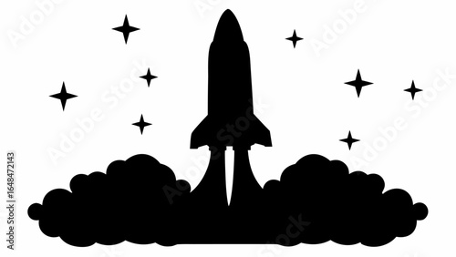 Silhouette of a rocket launching into space surrounded by stars and smoke in a bold and graphic design style
