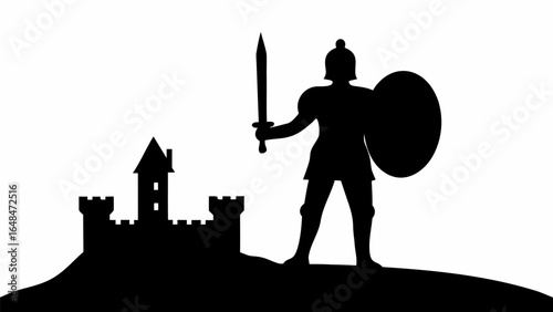 Silhouette of a knight with sword and shield standing guard over a castle on a hill in black and white