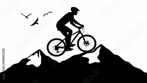 Silhouette of a mountain biker riding on a mountain peak with birds flying in the background in black and white