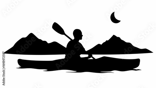 Silhouette of a kayaker paddling on a lake with mountains and a crescent moon in the background scenery