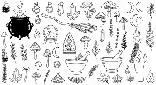 Witchcraft Elements Set with Line Art.