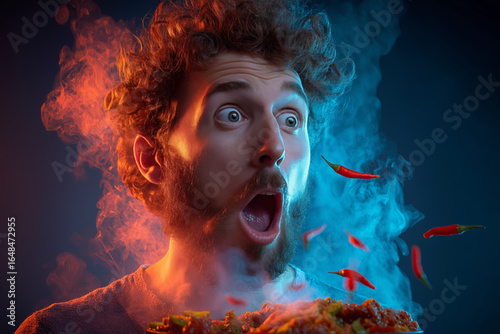 Cinematic image of a man with shocked eyes and tongue out, overwhelmed by spicy food, with dramatic steam effects.