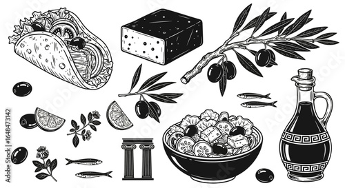Greek Food Icons Vector Cuisine Elements.