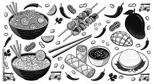 Thai Food with Black and White Illustration, and Street Food.