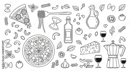 Italian Food Doodles Pasta with Pizza, and Wine.