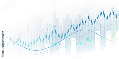 Abstract Financial Growth Chart:  Candlestick and Bar Graph Data Visualization, Upward Trend, Blue and White Minimalist Design.