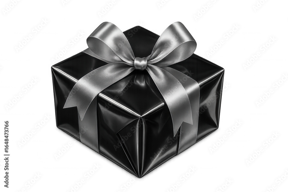 Obraz premium Glossy black gift box adorned with sleek silver ribbon, symbolizing elegance against transparent backdrop for festive moments