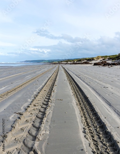 Parallel tire tracks recede into the distance on a wide, flat beach under a pale sky