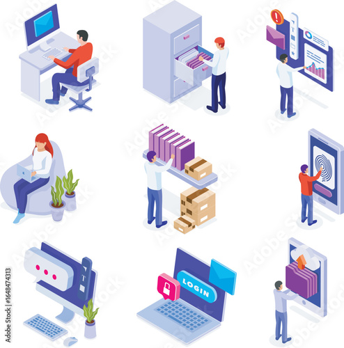 Isometric Office Workplace and Business Icons Vector