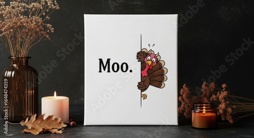 A humorous canvas print featuring a turkey peeking out, with the word 