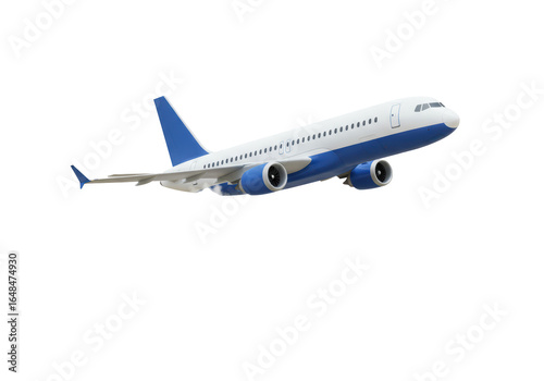 Isolated Airplane Taking Off with White and Blue Livery