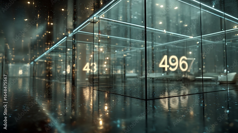 Obraz premium Abstract Glass Structure with Glowing Numbers and Reflective Surface