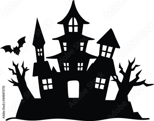 Spooky haunted mansion silhouette with bat and gnarled trees, perfect for Halloween invitations and spooky decor designs.