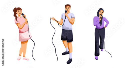 Illustration of People Singing with Microphone