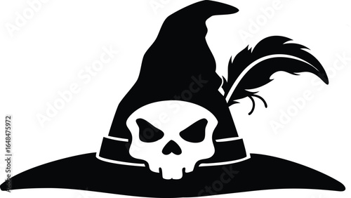 Mysterious wizard hat with skull emblem and feather accent, perfect for fantasy themes and spooky Halloween designs.