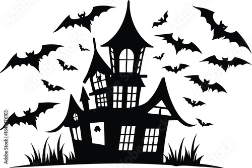 Spooky haunted mansion silhouette with flying bats creates a thrilling Halloween atmosphere for festive decorations and spooky events