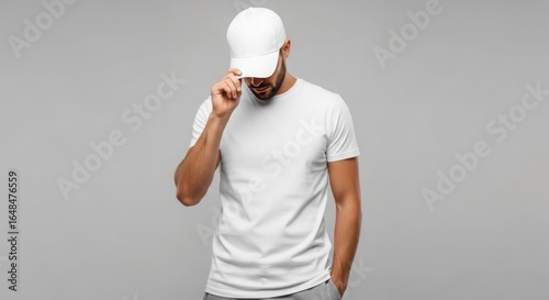 A man in a white t-shirt and cap adjusts his headwear, looking down against a neutral background.