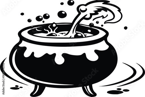 Bubbling cauldron with magical potion creating steam and splashes, perfect for fantasy or Halloween themes