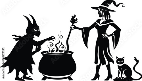 Mysterious witch conjures magical potion with demon companion and black cat by bubbling cauldron