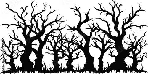 Eerie silhouette of a dense, gnarled forest with bare branches against a stark white background, evoking a spooky atmosphere.